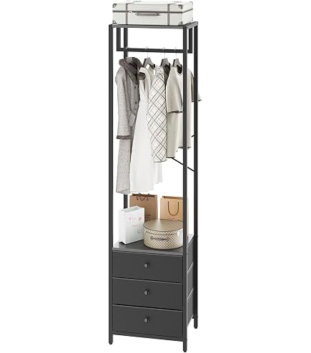 Porte-manteau D'angle 2 Niveaux – Métal 42x42x190 Cm – Avec 2 étagères, Tringle à Vêtements – Pour Entrée, Salon, Chambre – Noir