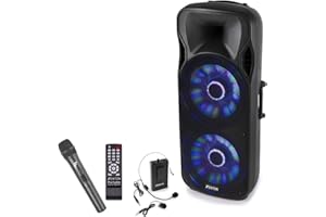 Fenton FT215LED Portable PA Speaker System 1600W with Double 15-inch Woofers, Bluetooth, USB MP3, Wireless Handheld & Bodypack Microphones, Battery Powered PA for Karaoke & Events
