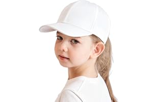 AIDIER Baseball Kappe mit Pferdeschwanz Loch für Jungen und Mädchen Von 3-8 Jahren, Verstellbarer Kinder Cap Sommer Snapback Outdoor-Sonnenhut Golf Schirmmütze Weiß