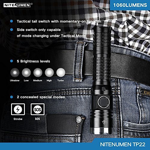 Das Set für USB aufladbare taktische Taschenlampe,Cree XP-L V5 LED 1060 Lumen USB nachladbare taktische Taschenlampe:Leistungsfähige helle super helle wasserdichte Fackel,18650 nachladbare Li-Ionbatterie-Nitenumen TP22 - 5