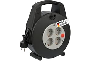 Brennenstuhl Vario-Line enrollacables doméstico con 4 enchufes (cable de 15 m, alargador enrollable, protección de corte térmico) negro/gris