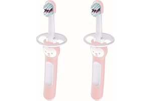 MAM Set de Cepillo de Dientes para Bebé, Mango Compacto, Ergonómico y Antideslizante, para Primeros Dientes, con Protector de Seguridad, Cabezal muy Pequeño y Cerdas Extra Suaves, Rosa, Pack 2