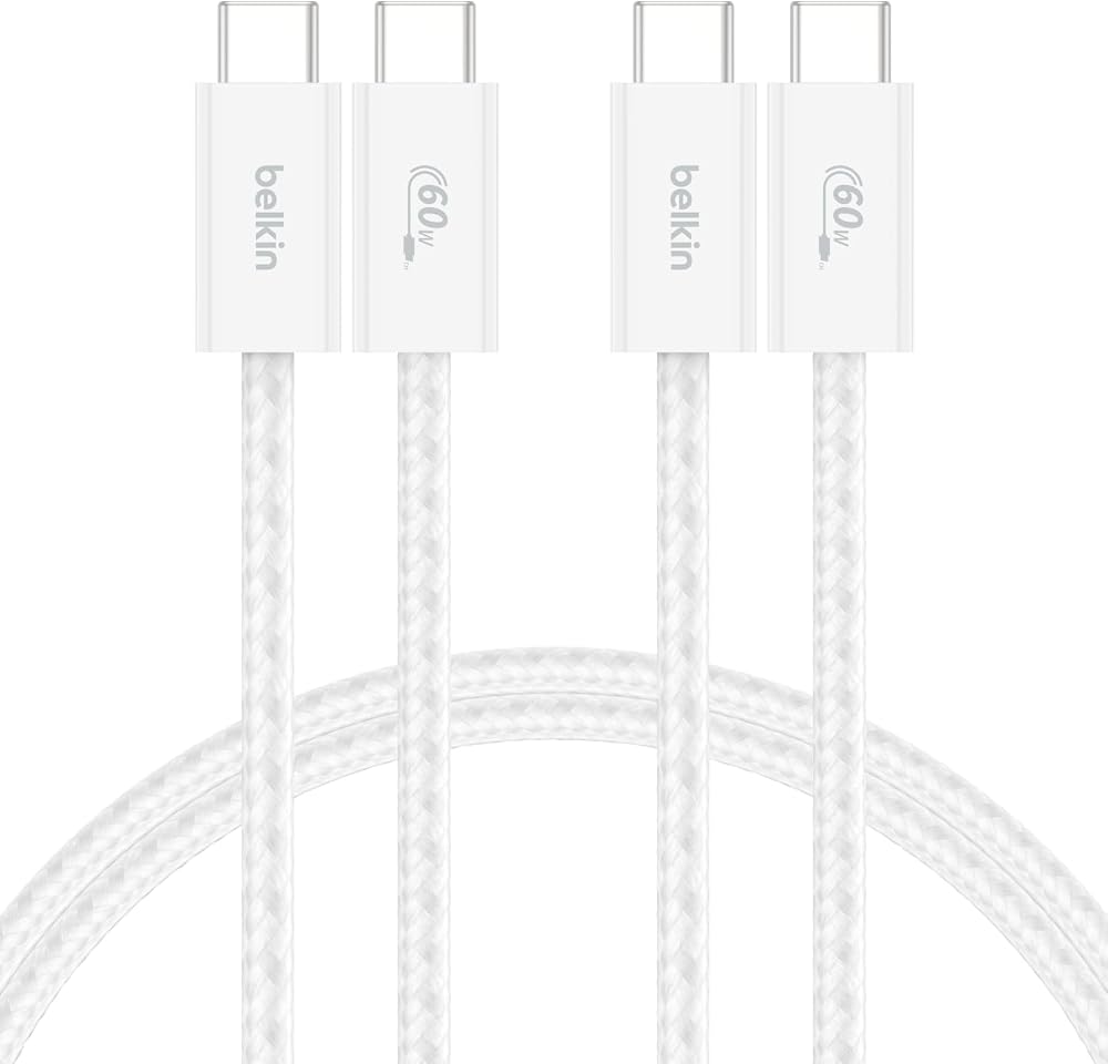 Belkin 2'li Örgülü USB-C - USB-C Kablo, 1,5 m, 60 W, Yumuşak, Esnek ve Hızlı Şarj Kablosu, iPhone 17 ve 16 Serisi, Galaxy S25, Pixel 10, iPad Pro ve Daha Fazlasıyla Uyumlu, Beyaz