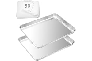 HaWare - Teglia da forno, set da 2 pezzi con 50 fogli di carta da forno, in acciaio inox, 40 x 30 x 2,5 cm, rettangolare, per cuocere e cucinare, atossico e sano, lavabile in lavastoviglie