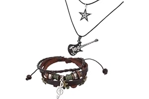 Mikovivi Fairy Grunge Necklace & Bracelet Set, Handmade Multilayer Leather Music Braided Bracelet Y2K Star & Guitar Necklace Gothic Punk Rock Music Jewelry Accessories for Women Men