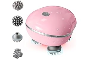 CUNSIEUN Masajeador EléCtrico de Cabeza Para El Cuero Cabelludo, Masaje de Silicona PortáTil, 4 Cabezales Con 100 Nodos Para Estimular el Crecimiento Del Cabello, IPX7 Resistente Al Agua, 3 Modos (Rosa)