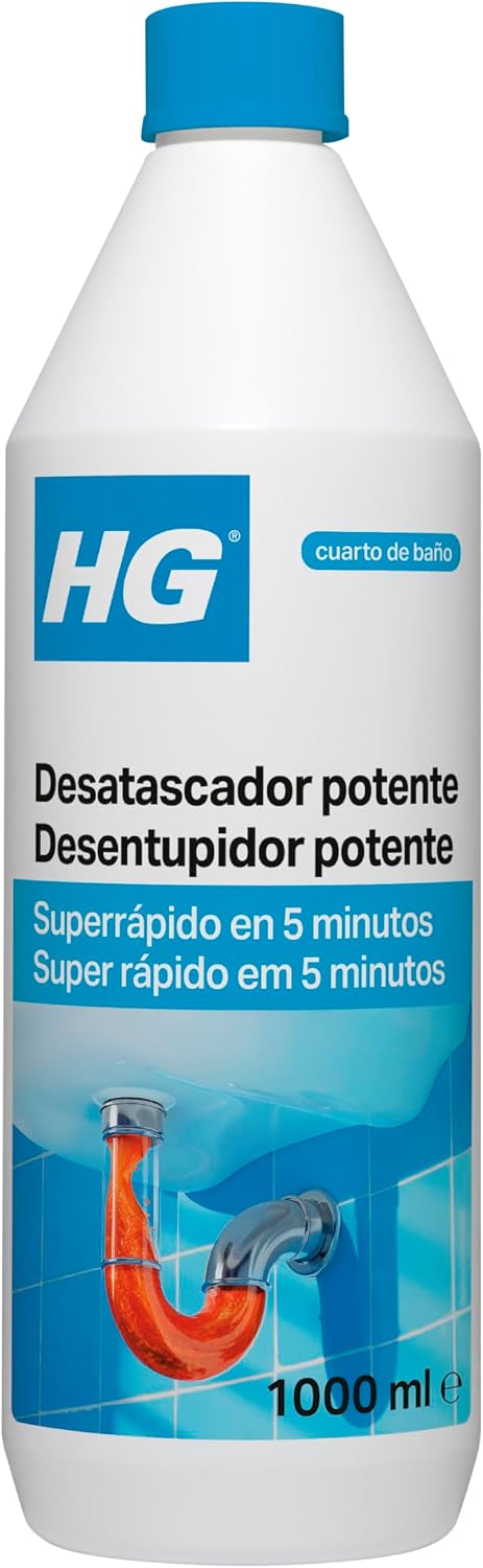 HG Desatascador de Cañerías y Tapones, Elimina Eficazmente los Atascos de Cañerías y Limpia los Desagües Rápidamente, Fregaderos, Platos y Sifones de Ducha Bloqueados (1 Litro), Packaging May Vary