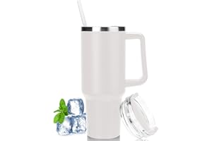 Hrobig 40oz Thermobecher mit Strohhalm und Henkel, 1180ml Kaffeebecher To Go mit Deckel, Doppelwandiger Edelstahl Vakuum Isolierbecher Tragbare Autobecher für Kalte Heiße Getränke - Weiß