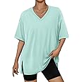 Trendy Queen Oversized Tshirts for Women Workout Plus Size Tops V Neck Short Sleeve Gym Shirts Casual Loose Fit Basic Tees