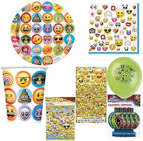 Emoji Party Ware Pack for 16 - Plates, Cups, Napkins, Table Cover, Loot Bags, Balloons + Complimentary Blow outs