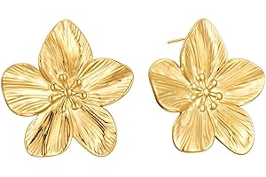 Kabwea Grandes Boucles d'Oreilles en Forme de Fleurs 18 Carats en Or - Dorées pour Femme - Style Goutte
