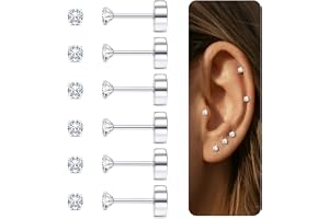 Diamday 6 par broskörhängen, för kvinnor, män, platt baksida, örhängeset, 316L kirurgiskt stål, Tragus, CZ, liten propeller, smycken, allergivänlig, piercing, Cubic Zirconia