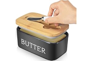 AISBUGUR Butter Dish with Lid, Ceramic Butter Dish with Knife 640ml Large Capacity with Double Silicone Seals for Better Freshness Perfect for Room Decor Kitchen Decor Black