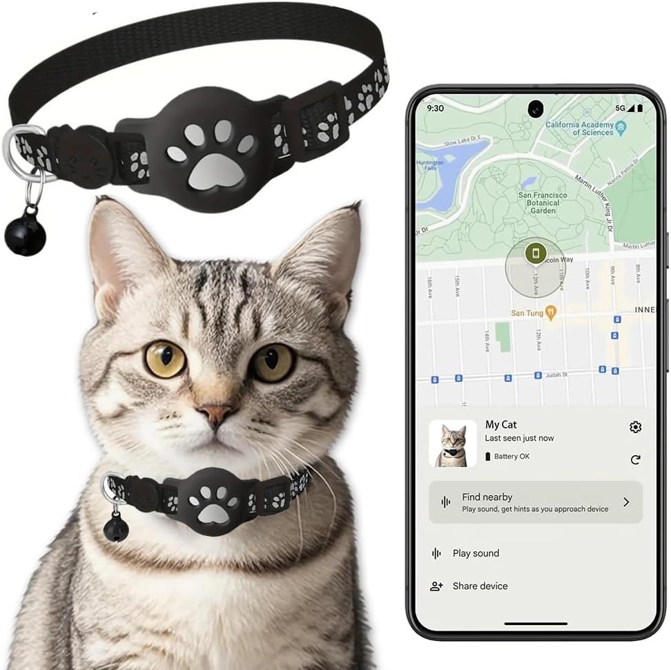 Collar GPS Gatos, GPS para Gatos sin Cuota Mensual, No Requiere SIM (Solo Android), Collar Localizador Compatible con goo- gle Find My (Collar + rastreador Blanco)