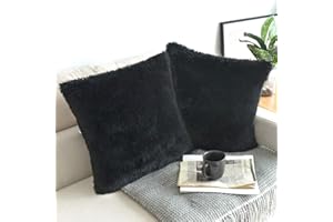 NordECO HOME Pack of 2 Faux Fur Cushion Covers 45 x 45 cm Luxury Fluffy Decorative Fuzzy Square Throw Pillow Case 18 x 18 for Sofa Decor Black