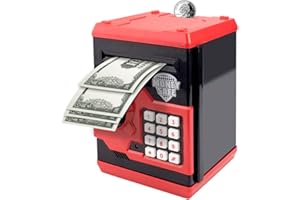 Vommery Hucha para niños de Juguete, Mini Caja Fuerte electrónica para cajero automático Bancos con Bloqueo de contraseña & Desplazamiento automático de Dinero para niños niñas (Rojo)