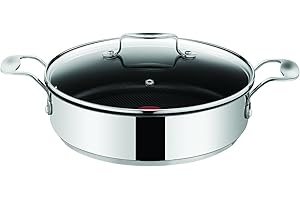Tefal e85705 Jamie Oliver Poêle de Service en Acier Inoxydable avec Couvercle, revêtement Anti-adhésif, Compatible Induction, 25 cm