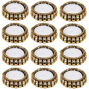 HomeSquare Golden Metal Tealight Holder Diwali Diya with Artificial Stones for Diwali Corporate Gifting - Set of 9