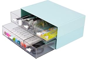 OSteed Desktop Organiser with 5 Drawers, Stackable Plastic Storage Box on Desk, Small Drawers Storage Unit for Home Collection, Cosmetics, Office Supplies (2 Flat Layers, Blue)