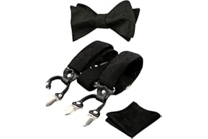 Alizeal Mens Self-Tied Adjustable Floral Paisley Bow Tie, Pocket Square and Elastic Y Shape 6 Clips Braces Set