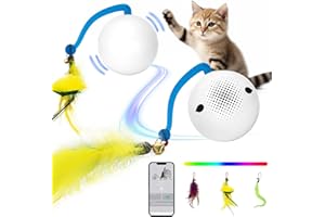 Mucek Katzenspielzeug, Interaktives Katzenspielzeug Katzenspielzeug Selbstbeschäftigung 360° Drehung mit Sprachaktivierung & 4 Ersatzfedern, Katzenball mit LED-Licht für Katzen (Blau)