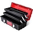 DNA MOTORING 3-Layer Lockable Tool Box Plastic Portable Storage Folding Toolbox Tray Divider Tool Organizers, W/Handle, Red/Black, TOOLS-00504