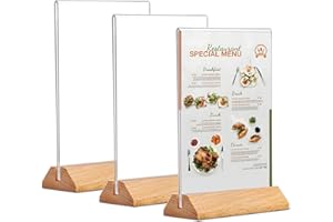 Ayifan A4 Acryl Aufsteller, 3 Stück Tischaufsteller A4 mit Holz Sockelboden,Menükartenhalter Plakatständer kann Aufsteller Poster, Flyer, Speisekarten, T- Ständer für Werbeaufsteller,Restaurant,Theke