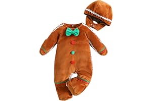 Nicoxijia Newborn Gingerbread Costume Christmas Gingerbread Man Romper Long Sleeve Fleece Hooded Jumpsuit Outfit Fall Clothes