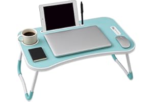iTrend Laptop Bed Table, Laptop Desk with Foldable Legs & Cup Slot, Portable Tablet Notebook Stand Breakfast Bed Tray with Curved Design Charging Slot & Handle for Sofa, Bed, Terrace, Balcony, Blue