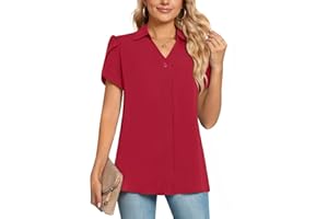 POPYOUNG Women's 2024 Summer Collared V Neck Chiffon Blouse Business Tunic Petal Short Sleeve Shirt Dressy Work Tops Shirts