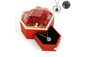 Emibele Preserved Real Rose with Heart Necklace, Eternal Flowers Rose Box with I Love You Necklace 100 Languages, Preserved Rose Jewelry Gift for Mom Women Her Wife Mother Valentine Day Grandma, Red
