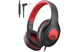 rockpapa C24 On-Ear Wired Headphones with Microphone,Lightweight Foldable Corded Headphones with No-Tangle Cord of 3.5mm Jack,Stereo Bass Headphones for Computer Laptop Tablet Phone Black Red