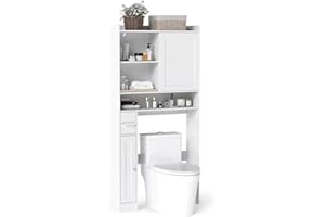 Multigot Over Toilet Cabinet, Freestanding Toilet Space Saver with Sliding Door, Open Shelves & Adjustable Shelves, Storage Cupboard Unit for Bathroom Laundry Room