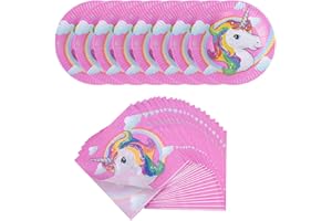 Forfamy Piatti Unicorno Compleanno Bambina 20 Ospiti Stoviglie di Unicorno, Kit Compleanno Unicorno Piatti di Carta Tovaglioli Rosa per Festa Compleanno Bambina