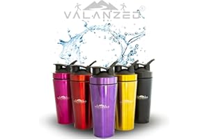 Valanzed Shaker de Acero Inoxidable 900ml. Para Batidos de proteína, Coctelera, Mezcladora. Sistema de mezclado anti-grumos. Sin olores. Fácil lavado (Morado)