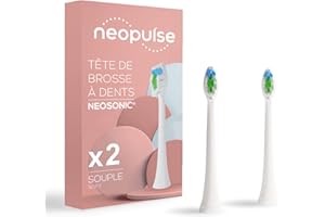 NEOPULSE® - Lot de 2 Recharges de Têtes de Brosse Souples Blanches en Nylon pour Brosse à Dents Électrique Sonique NEOSONIC® - Compatible NEOKIDS® - 3D : Brins courts et longs - Indicateur d'Usure