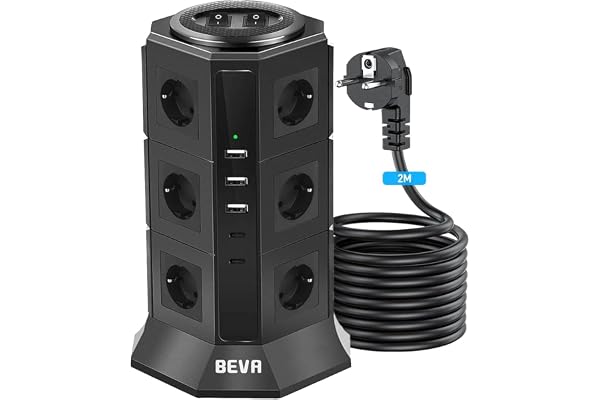 BEVA 12 Prises Tour Multiprise Parafoudre avec 2 USB-C (15W)+3 USB-A +Câble 2M,2500W/10A Prise Multi de avec 2 Interrupteur, Multiprise Electrique Protection Contre Surcharges et Surtensions, Noir