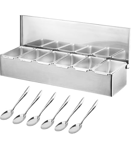 Lot de 6 boîtes à ingrédients à pizza avec 6 compartiments, en acier inoxydable avec couvercle, récipient à épices pour barbecue, cuisine, buffet, bar Lot de 6 boîtes à ingrédients à pizza avec 6 compartiments, en acier inoxydable avec couvercle, récipient à épices pour barbecue, cuisine, buffet, bar