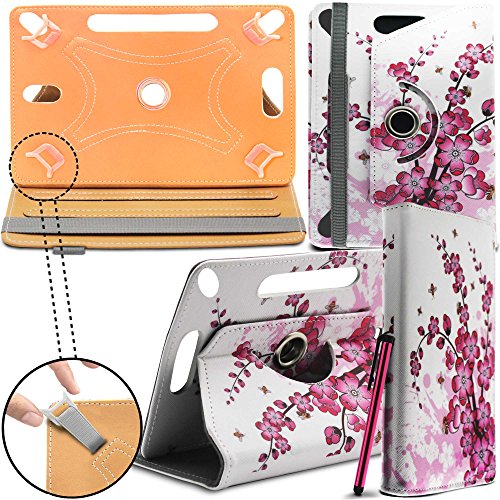 HTC Flyer Neues Design Universelle um 360 Grad drehbare PU-Leder Designer bunte Hülle mit Standfunktion - Cover - Tasche - Pink Blossom / Rosa Blüten - Von Gadget Giant®