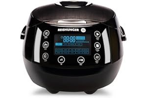 ‎REISHUNGER REISHUNGER Digitaler Reiskocher & Dampfgarer Schwarz | 1,5 L bis 8 Personen | Warmhaltefunktion, Timer & Premium Innentopf | Multikocher, 12 Programme, 7-Phasen-Technologie