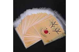 KUNGFU MALL 100PCS Christmas Sweet Cookie Bags Reindeer Food Dust Bags, Christmas Cellophane Candy Party Bag, Xmas Self Adhesive Elk Print Food Gift Bag for Xmas Party Supplies Decoration