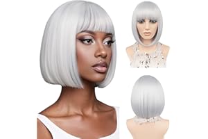 ‎JIAMEISI Kurze Bob-Perücke mit Pony 30cm Gefärbte Glatte Bob-Perücke für Frauen und Mädchen Synthetische Hitzebeständige Faserhaare für Cosplay, Party, Weihnachten, Halloween und Tägliche Nutzung (Silber)