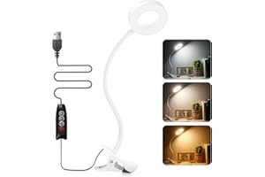 Akynite Flexo LED Escritorio con Pinza y Cable, 48 LED Lámpara USB Clip, 3 Colores y 10 Brillos, Flexible Luz Escritorio LED Pinza, Luz de Lectura para Libros en la Cama, Flexo Pinza Blanco