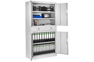 tectake® Armario Archivador Oficina en Acero, Armario Exterior e Interior con Candado Seguridad, Armario Multiusos con 5 Alturas, 4 Puertas, 2 Cajones, 3 Estantes Ajustables, 180x80x40 cm - gris claro