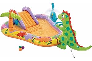 Intex Centro de Juegos acuático Dino Park, 201x157x69 cm, Dinosaurio Hinchable, Tobogán con Base Acolchada, Rociador de Agua, Juego de Bolas (Incluidas), 54 kg máx., +2 años, Kit reparación (56139)