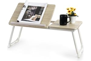 Meuble Cosy Table de lit Tablette pour Prdinateur Portable Plateau Réglable Petit Bureau Nomade Support PC, Chêne + Blanc, 65x30x27.5cm