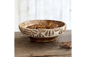 Paper High Frutero de madera de mango con diseño de hoja blanca envejecida, comercio justo, tallado a mano, cuencos de madera sostenibles, decorativo y funcional, utensilios de cocina