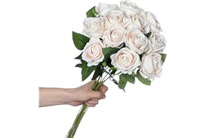 huaao 12 pcs Rosas Flores Artificiales de Seda, Flor Falsa con Largo Tallo Ramo de Boda Arreglos Florales Decoración Nupcial Novia Floreciente para Hogar Oficina Fiesta Centros de Mesa, (Champagne)
