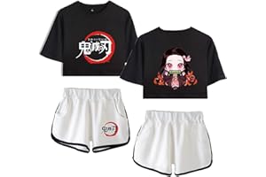 Yumenam Femme Anime 2PCS Survêtement Kamado Nezuko Imprimé Crop Tops + Shorts Ensemble Casual Manches Courtes Tee Shirt + Pantalon Court été Pyjamas Sets Costume de Cosplay