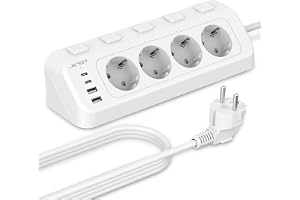 JSVER Grenuttag 4 Uttag med 4 USB-portar, Multikontakt Väggmonteringsadapter med Strömbrytare, Bordsuttag med 2 m Kabel för k